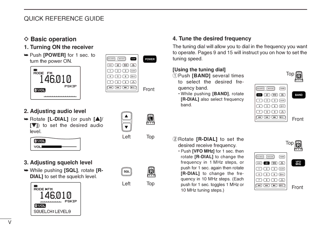 Icom IC-R20 instruction manual Basic operation, Turning on the receiver, Tune the desired frequency, Adjusting audio level 