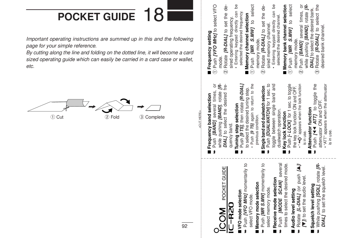 Icom IC-R20 instruction manual Pocket Guide, IR20 