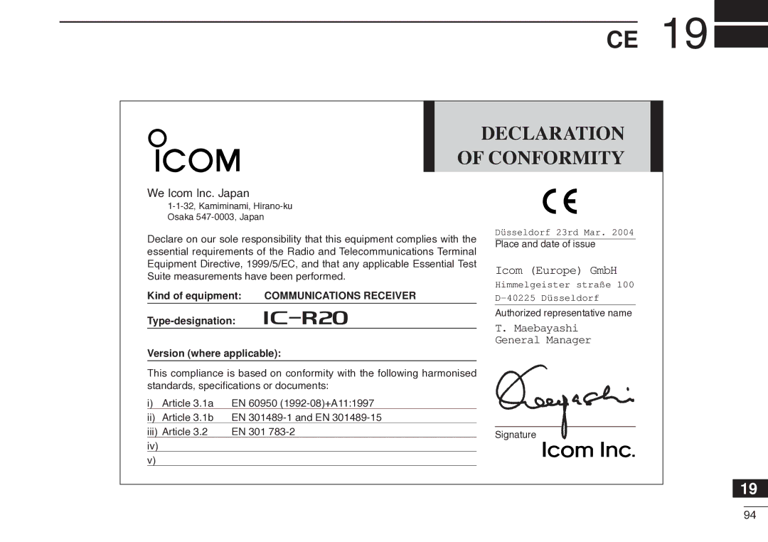 Icom IC-R20 instruction manual Declaration Conformity, We Icom Inc. Japan 