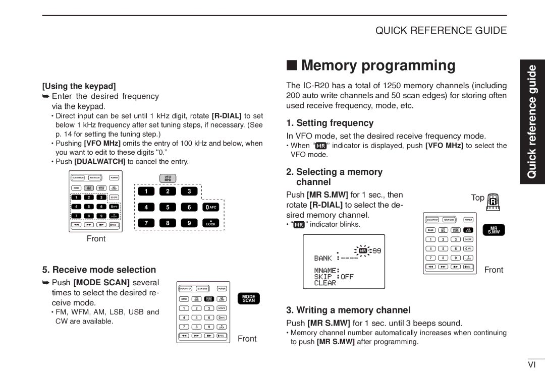 Icom IC-R20 instruction manual Memory programming, Setting frequency, Selecting a memory channel, Receive mode selection 