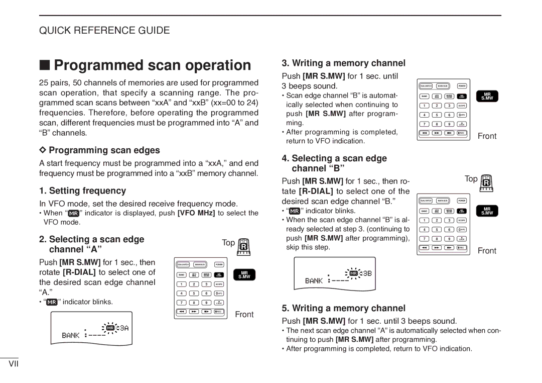 Icom IC-R20 Programmed scan operation, Programming scan edges Writing a memory channel, Selecting a scan edge channel B 