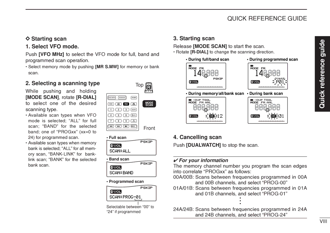 Icom IC-R20 instruction manual Starting scan Select VFO mode, Selecting a scanning type, Cancelling scan 