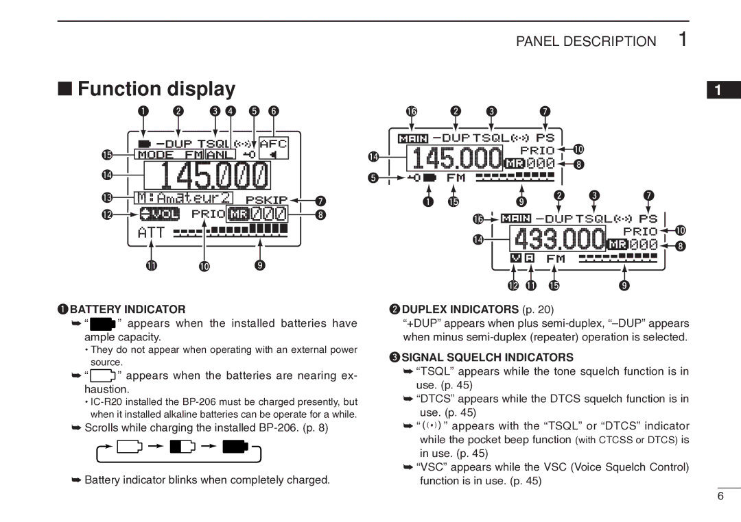 Icom IC-R20 instruction manual Function display, QBATTERY Indicator, WDUPLEX Indicators p, ESIGNAL Squelch Indicators 