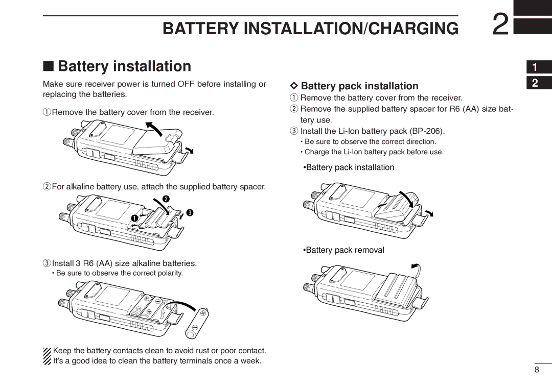 Icom IC-R20 instruction manual Battery INSTALLATION/CHARGING, Battery installation 