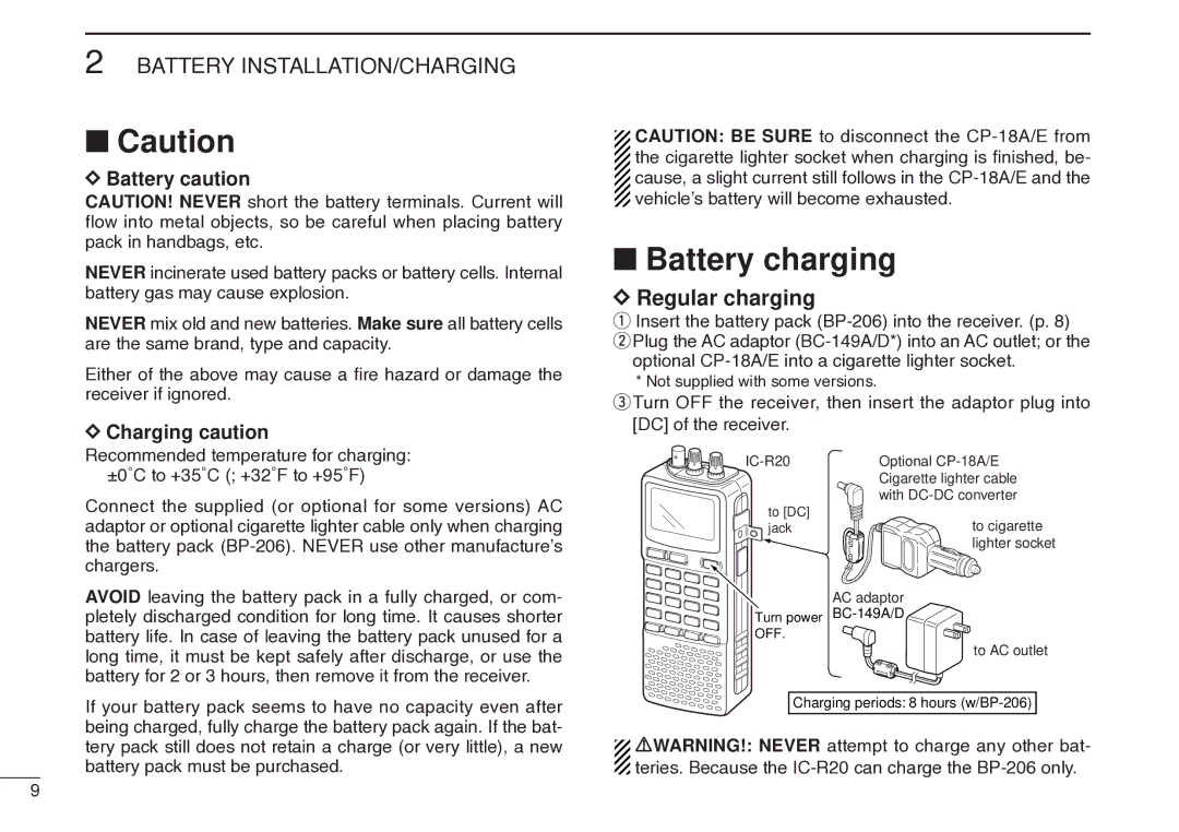 Icom IC-R20 instruction manual Battery charging, Regular charging, Battery caution, Charging caution 