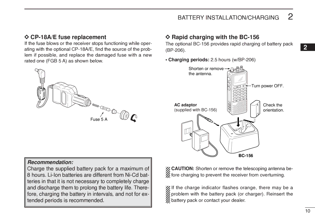 Icom IC-R20 instruction manual CP-18A/E fuse replacement, Rapid charging with the BC-156 