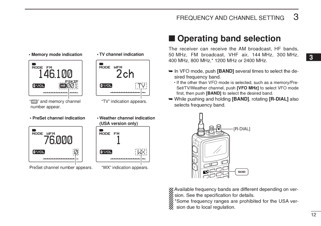 Icom IC-R20 instruction manual Operating band selection 