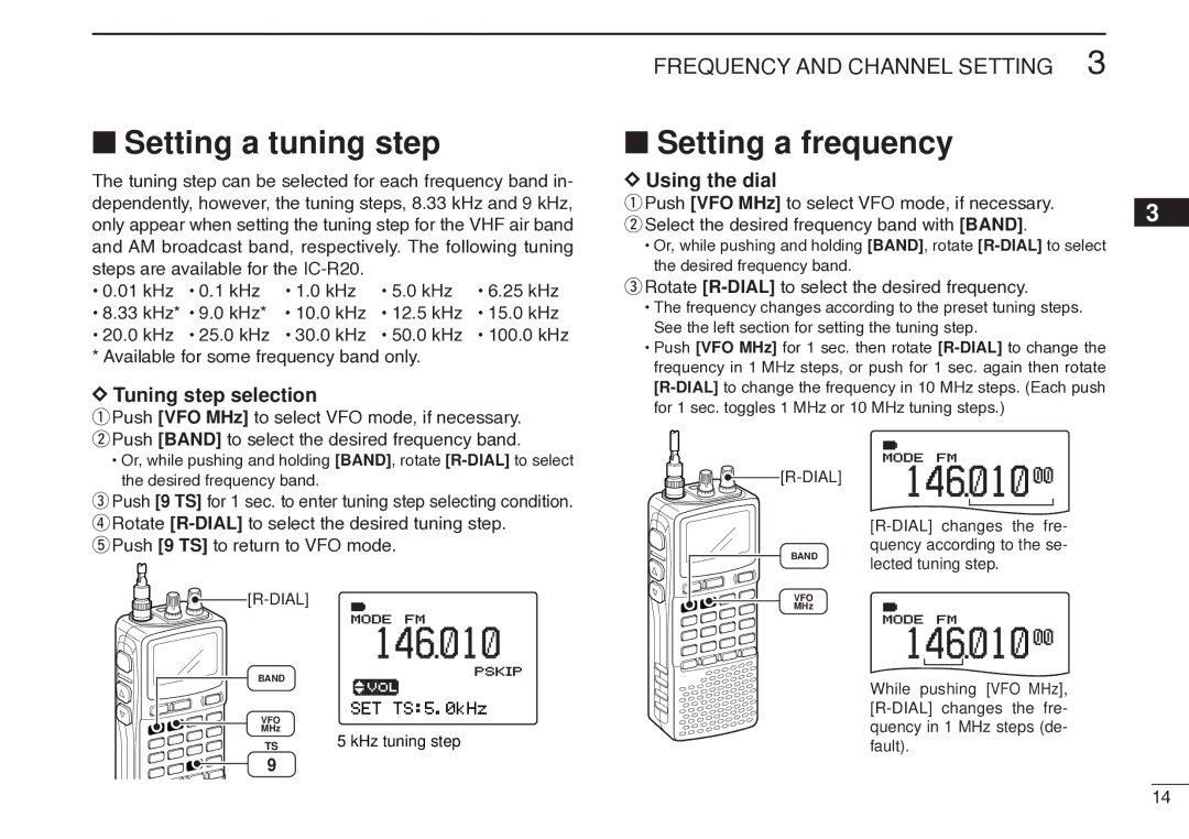 Icom IC-R20 instruction manual Setting a tuning step, Setting a frequency, Tuning step selection, Using the dial 