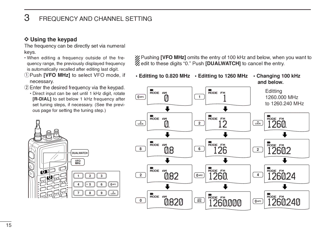 Icom IC-R20 Using the keypad, Frequency can be directly set via numeral keys, Editting MHz to 1260.240 MHz 