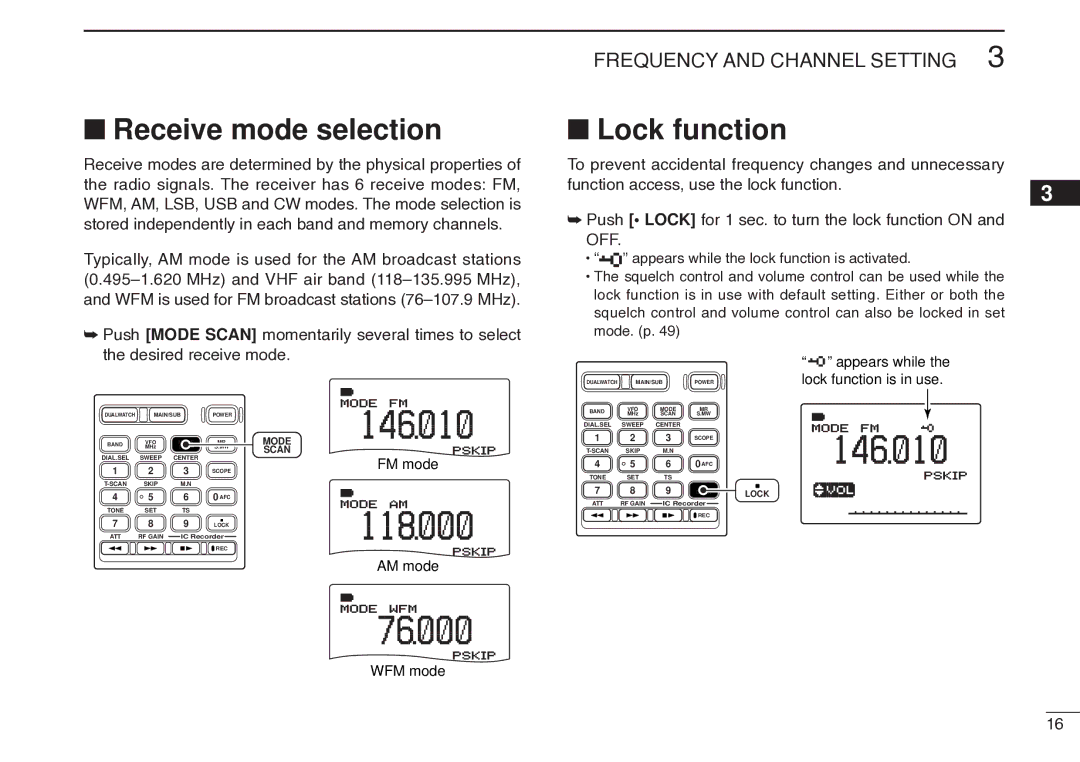 Icom IC-R20 instruction manual Receive mode selection, Lock function 