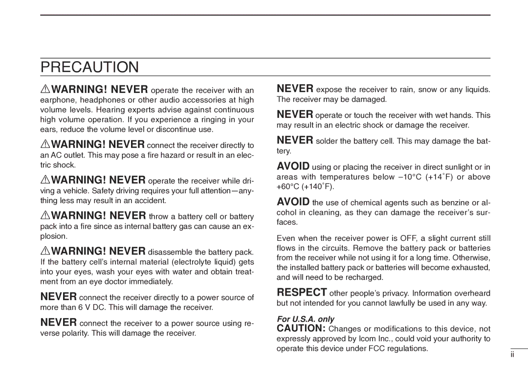 Icom IC-R20 instruction manual Precaution, Operate this device under FCC regulations 