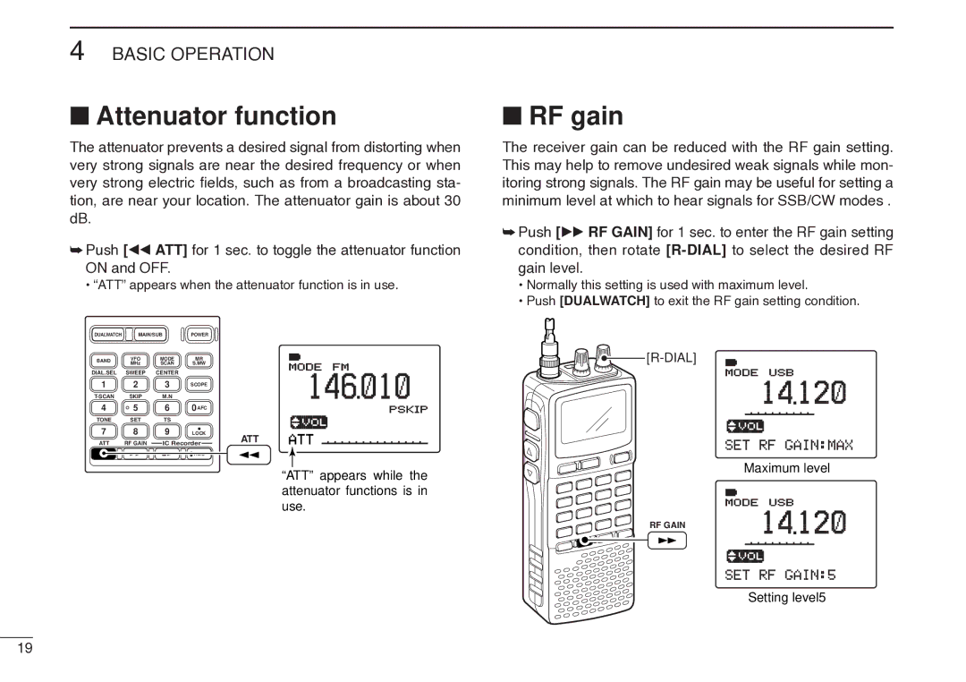 Icom IC-R20 instruction manual Attenuator function, RF gain 