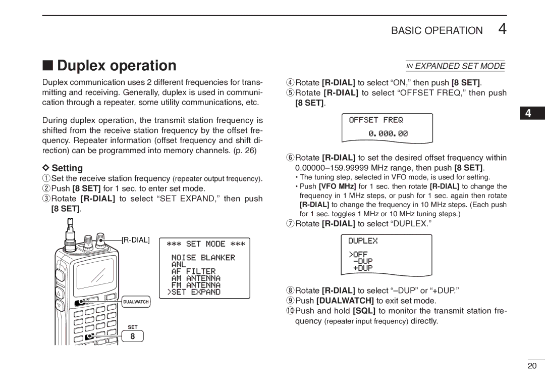 Icom IC-R20 instruction manual Duplex operation, Setting, Rotate R-DIALto select Duplex 