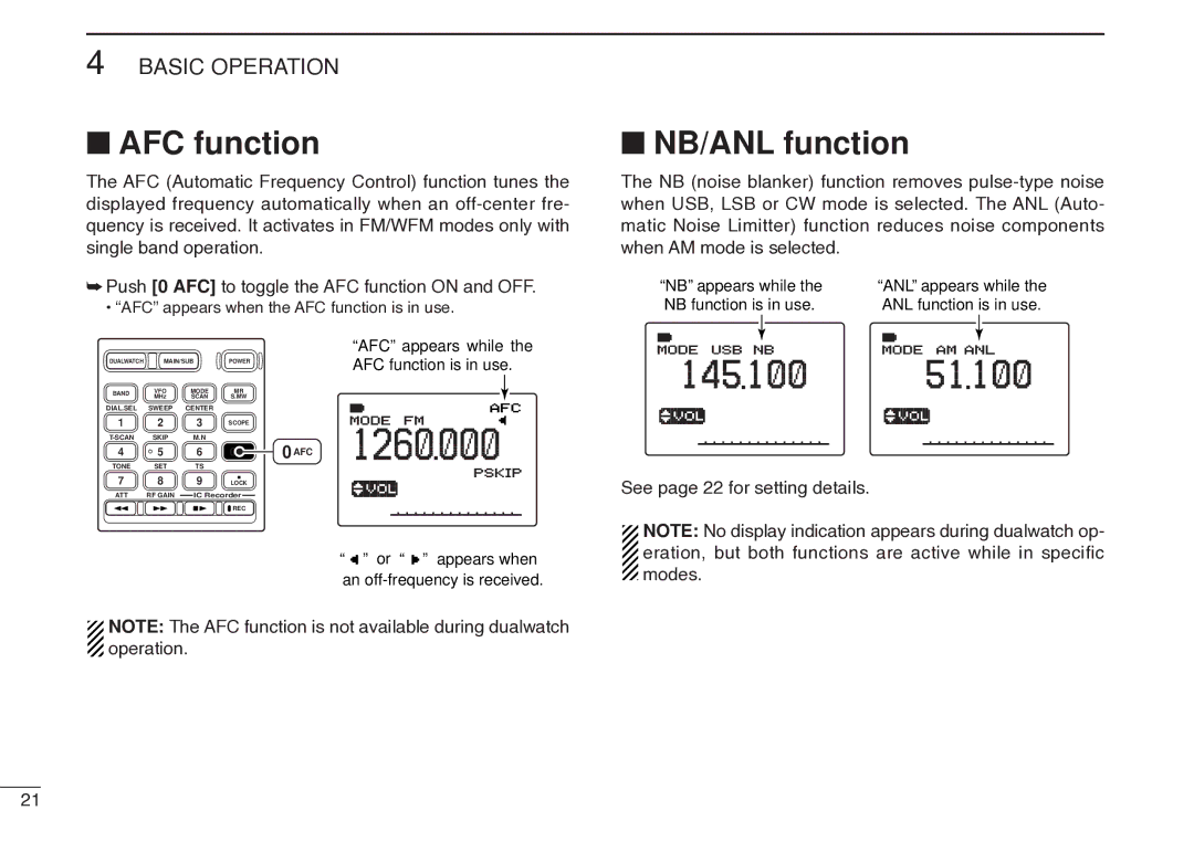 Icom IC-R20 instruction manual AFC function, NB/ANL function 