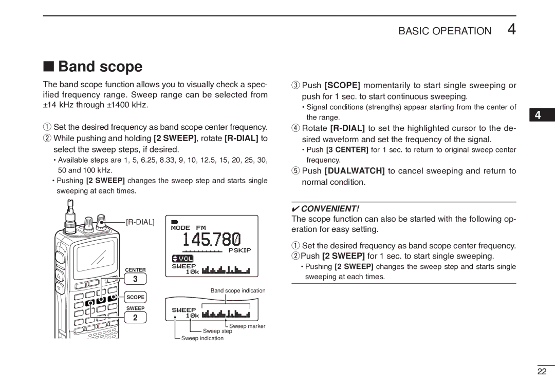 Icom IC-R20 instruction manual Band scope, Select the sweep steps, if desired 