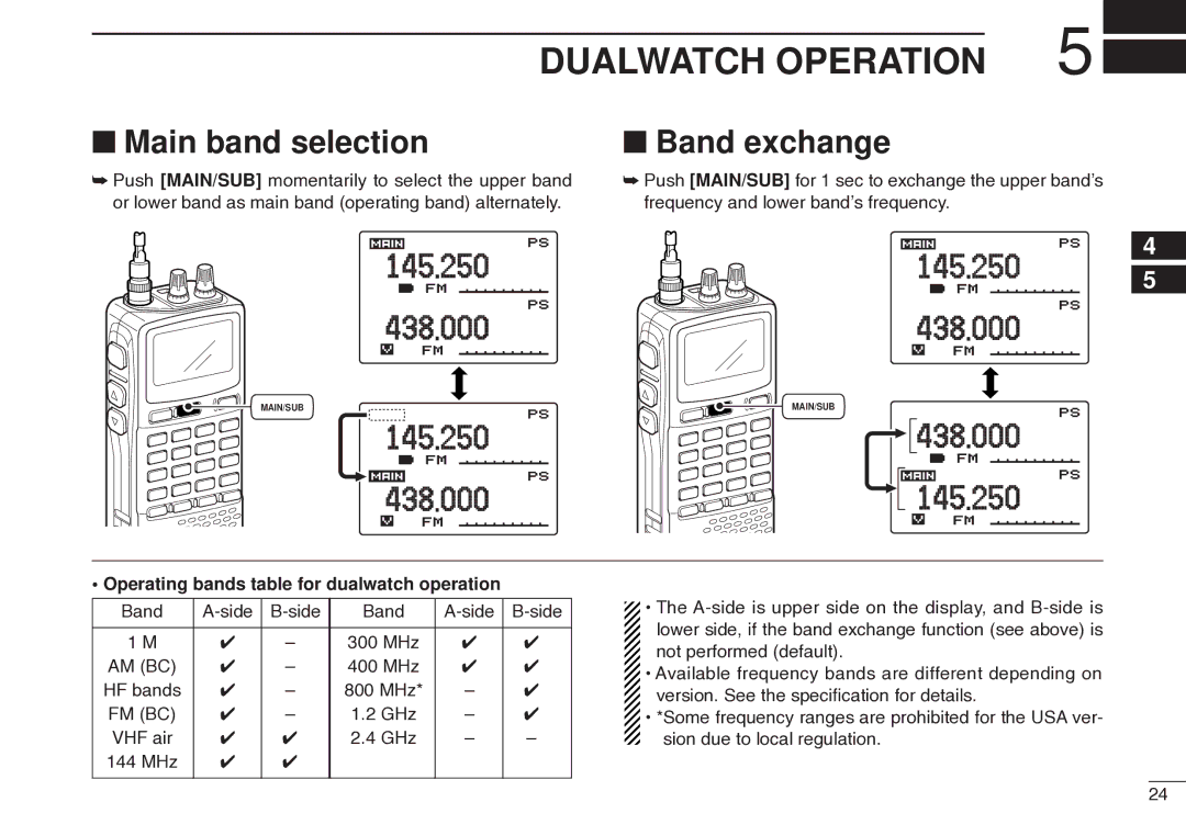 Icom IC-R20 instruction manual Main band selection Band exchange, Operating bands table for dualwatch operation 