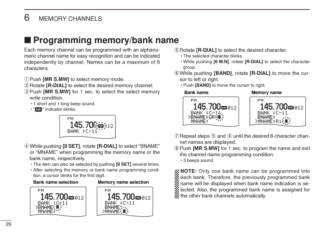 Icom IC-R20 instruction manual Programming memory/bank name, Rotate R-DIALto select the desired character 