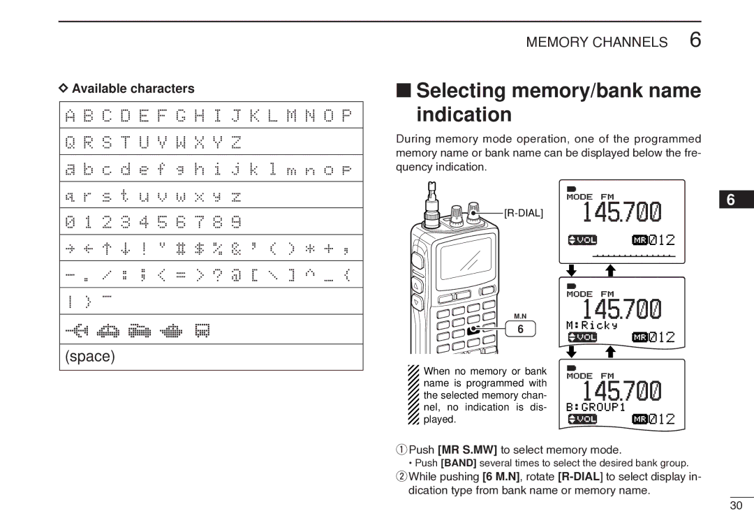 Icom IC-R20 Selecting memory/bank name Indication, Available characters, Dication type from bank name or memory name 