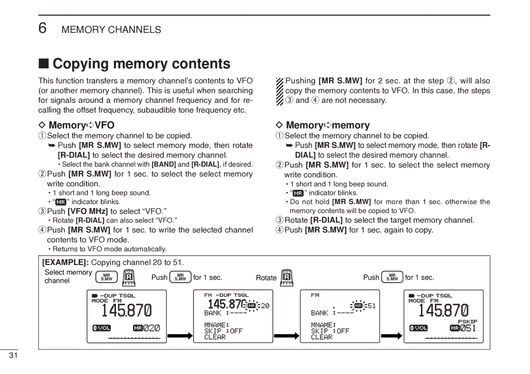 Icom IC-R20 instruction manual Copying memory contents 