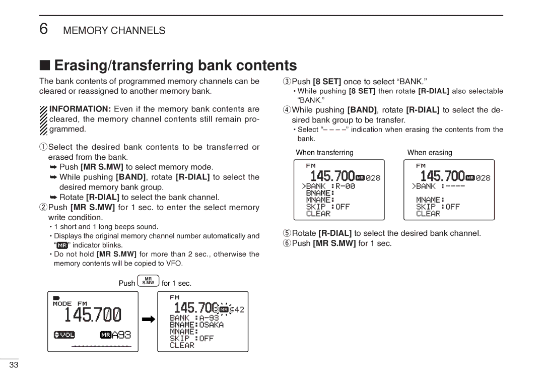 Icom IC-R20 instruction manual Erasing/transferring bank contents 