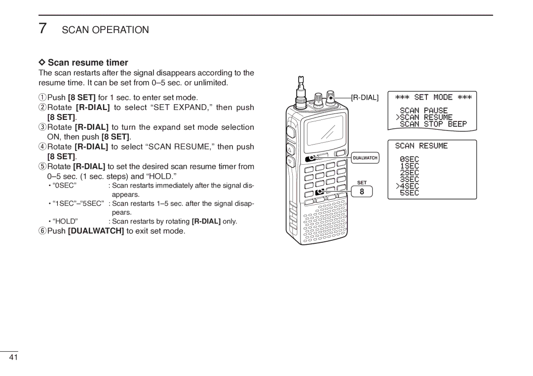 Icom IC-R20 instruction manual Scan resume timer 