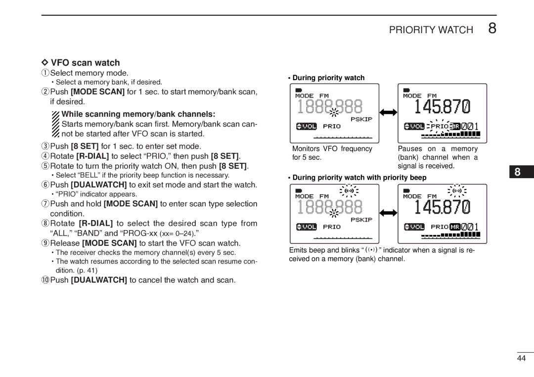 Icom IC-R20 instruction manual VFO scan watch qSelect memory mode, While scanning memory/bank channels 