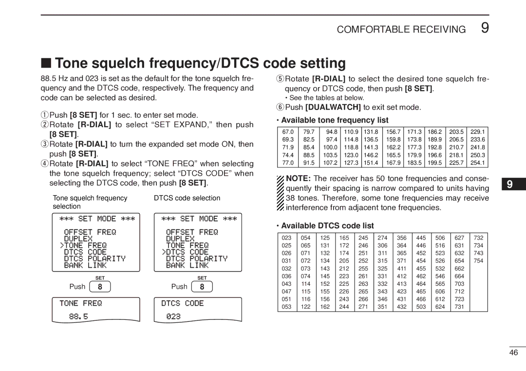 Icom IC-R20 Tone squelch frequency/DTCS code setting, Push 8 SET, Available tone frequency list, Available Dtcs code list 