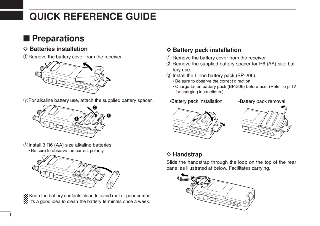 Icom IC-R20 Quick Reference Guide, Preparations, Batteries installation, Battery pack installation, Handstrap 