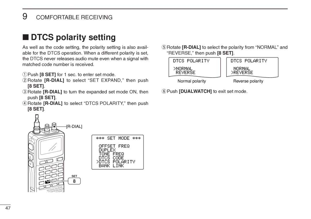 Icom IC-R20 instruction manual Dtcs polarity setting, Set 