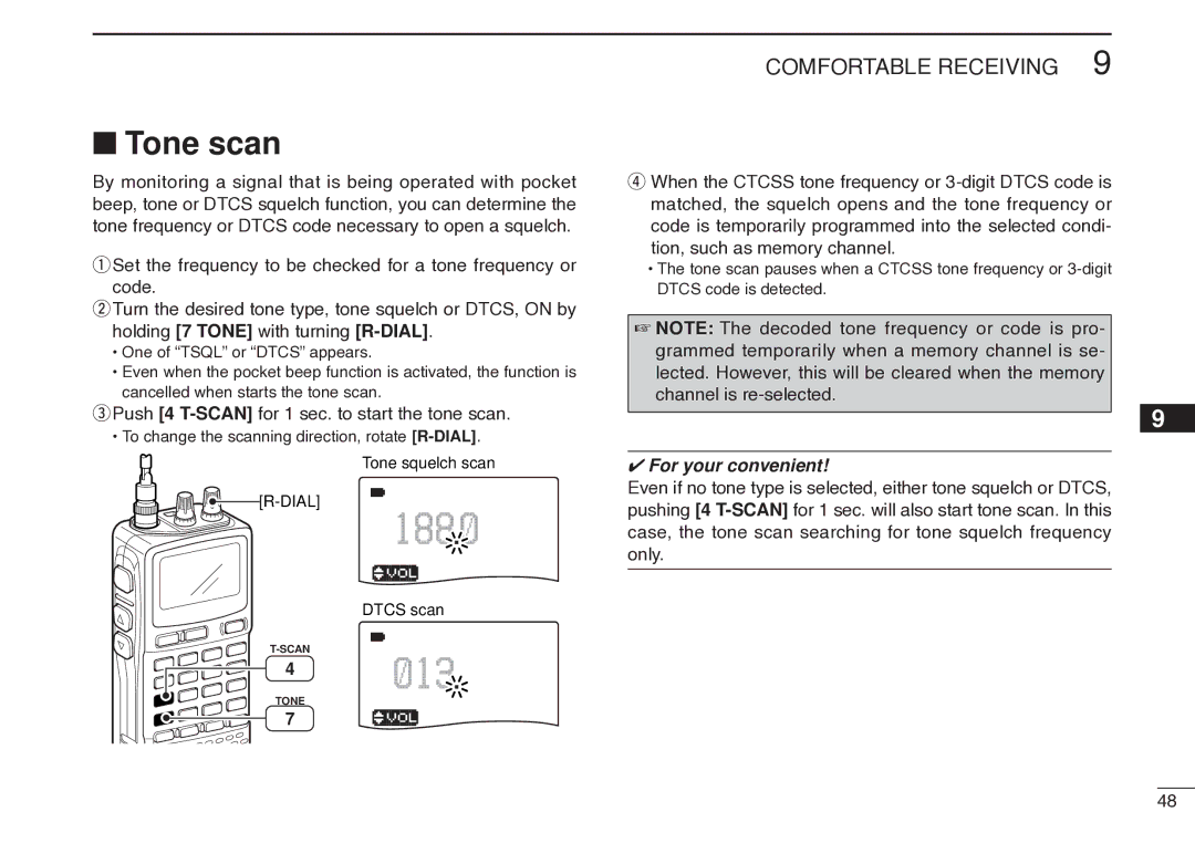 Icom IC-R20 instruction manual Tone scan, Push 4 T-SCANfor 1 sec. to start the tone scan 