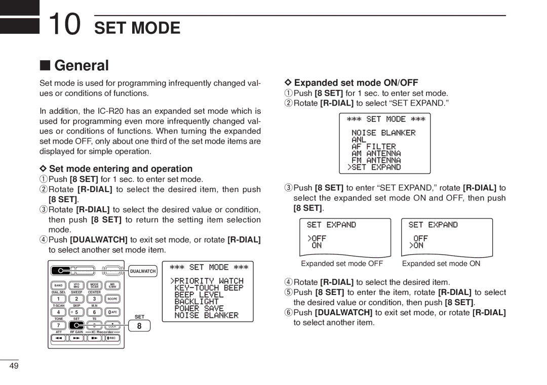 Icom IC-R20 instruction manual SET Mode, General, Expanded set mode ON/OFF 