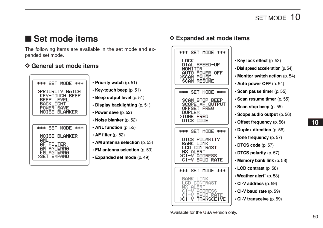 Icom IC-R20 instruction manual Set mode items, Expanded set mode items, General set mode items 