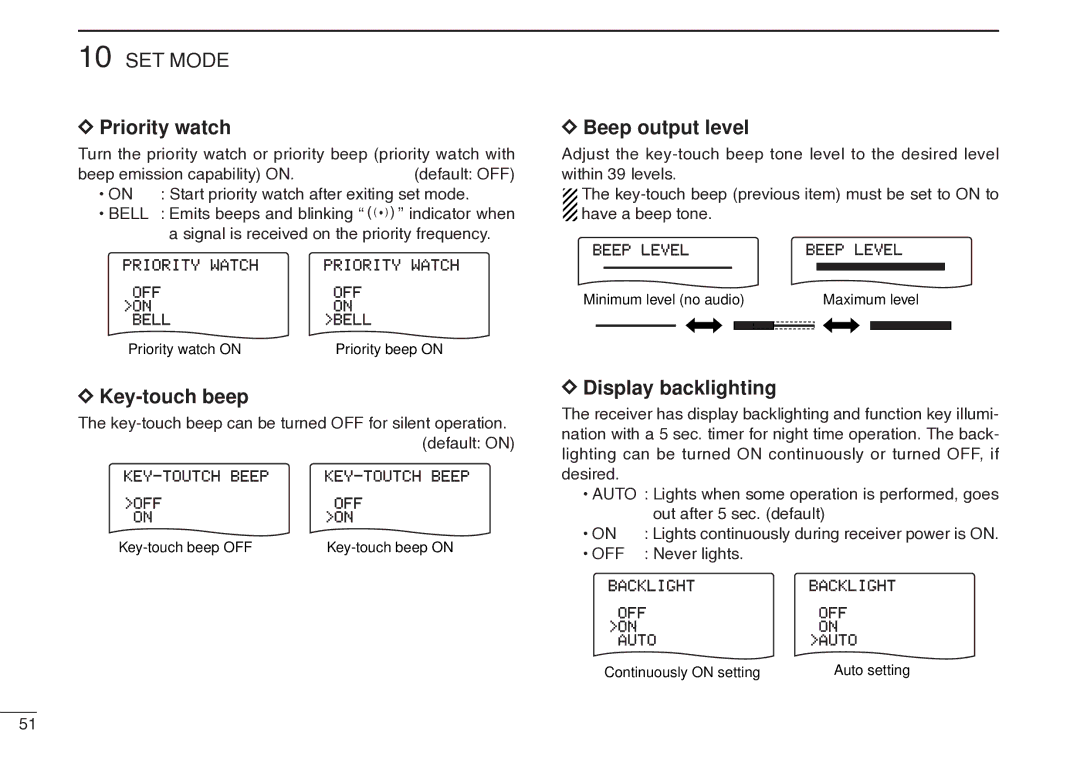 Icom IC-R20 instruction manual Priority watch, Key-touch beep, Beep output level, Display backlighting 