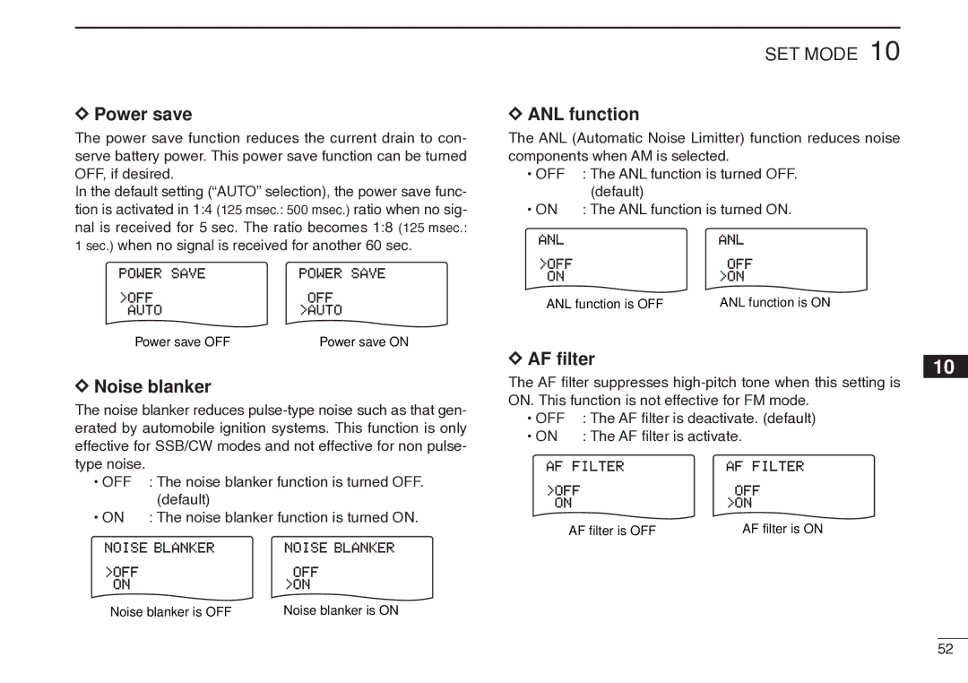 Icom IC-R20 instruction manual Power save, Noise blanker, ANL function, AF ﬁlter 