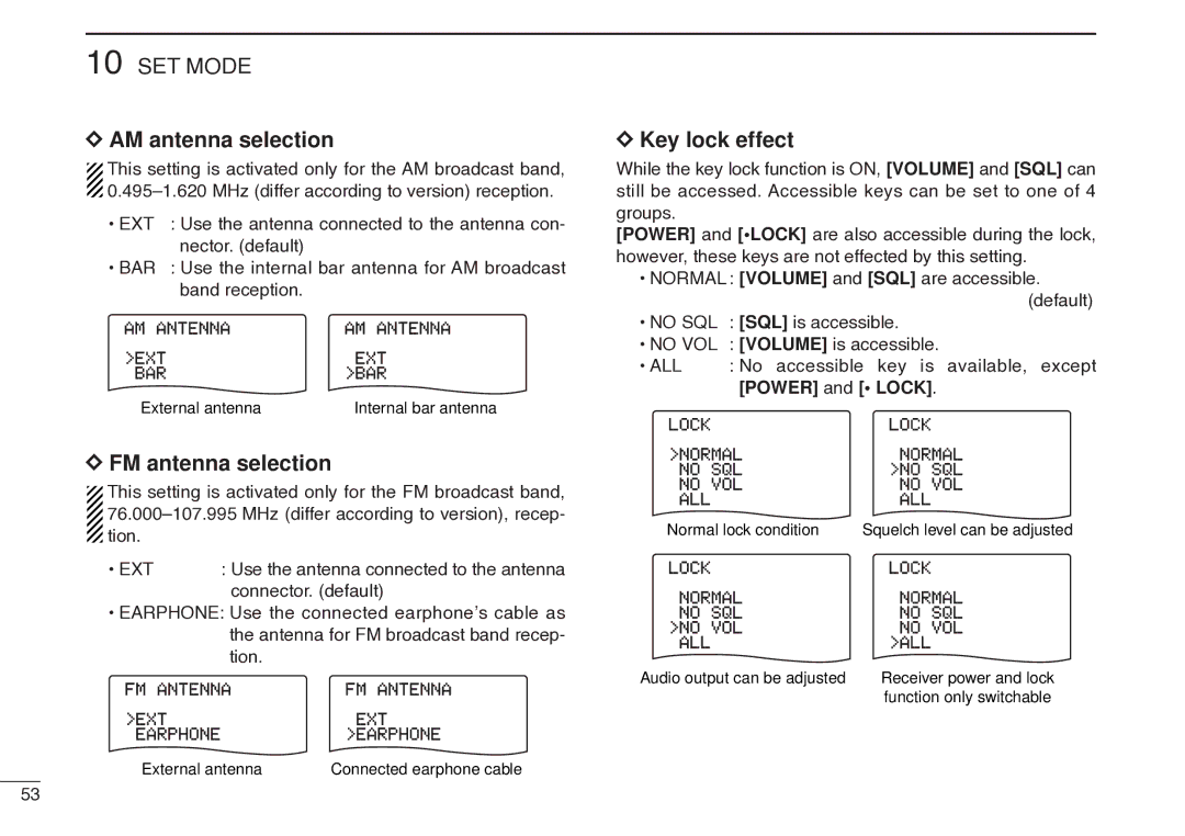 Icom IC-R20 AM antenna selection, FM antenna selection, Key lock effect, No accessible key is available, except 