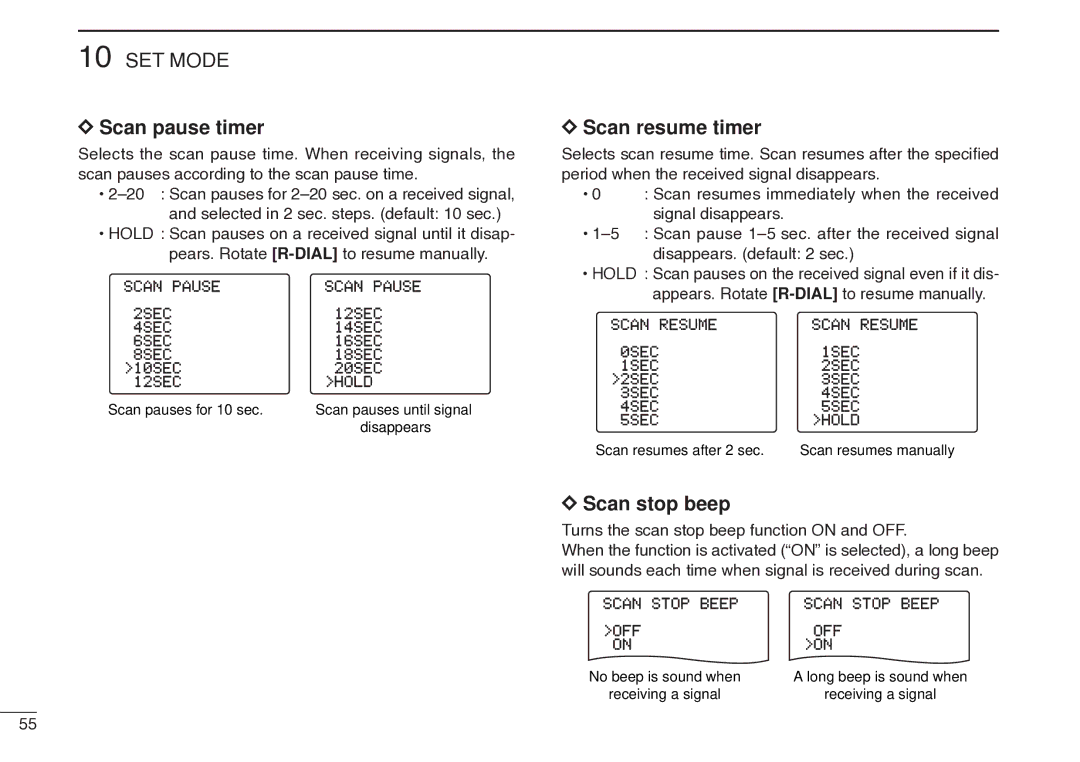 Icom IC-R20 Scan pause timer, Scan resume timer, Scan stop beep, Turns the scan stop beep function on and OFF 