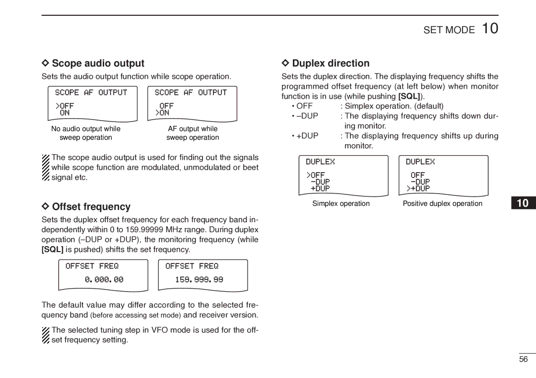 Icom IC-R20 Scope audio output, Offset frequency, Duplex direction, Sets the audio output function while scope operation 