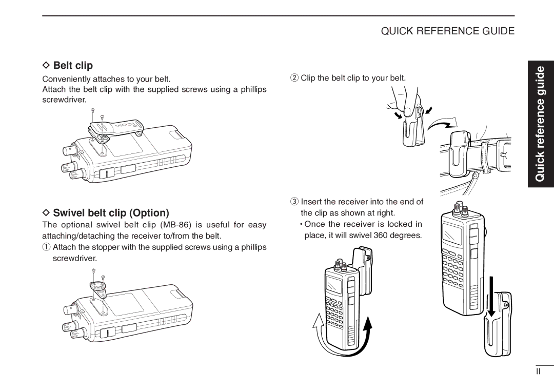 Icom IC-R20 instruction manual Belt clip, Swivel belt clip Option 