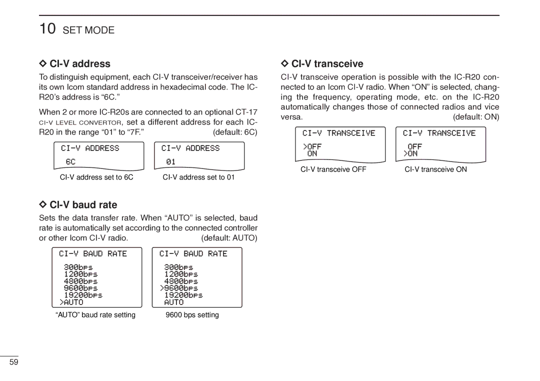 Icom IC-R20 instruction manual CI-V address, CI-V baud rate, CI-V transceive 