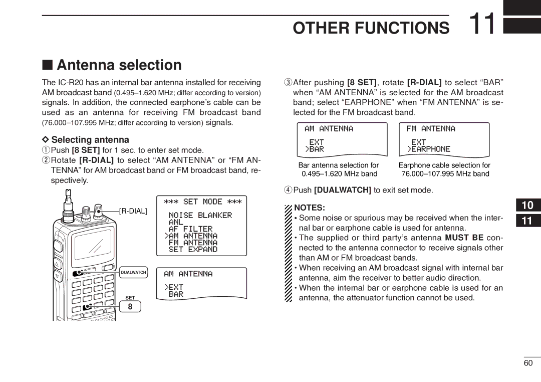 Icom IC-R20 instruction manual Other Functions, Antenna selection, Selecting antenna, RPush Dualwatch to exit set mode 