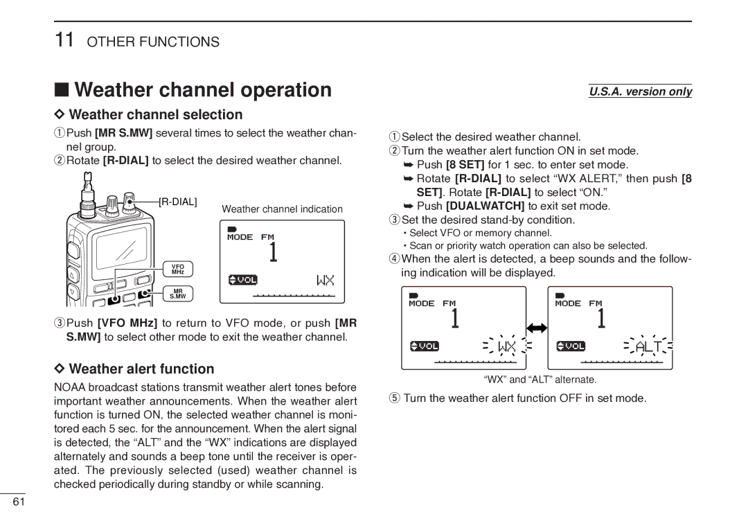 Icom IC-R20 instruction manual Weather channel operation, Weather channel selection, Weather alert function 