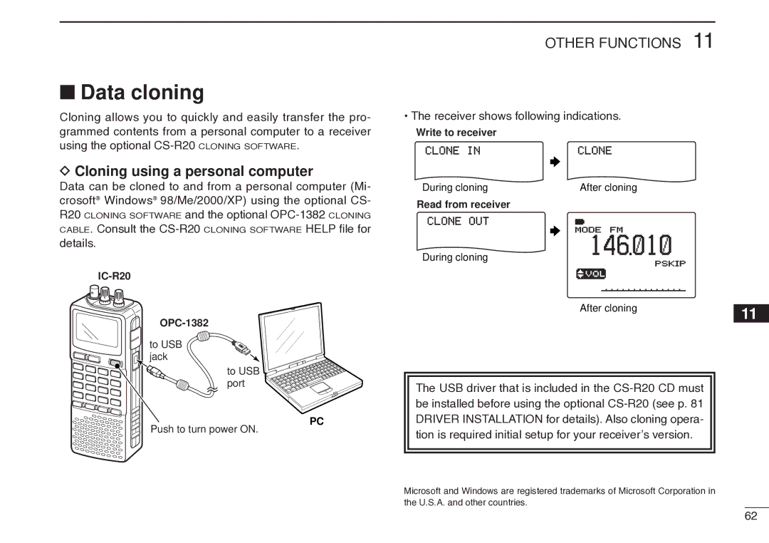 Icom IC-R20 instruction manual Data cloning, Cloning using a personal computer, Receiver shows following indications 