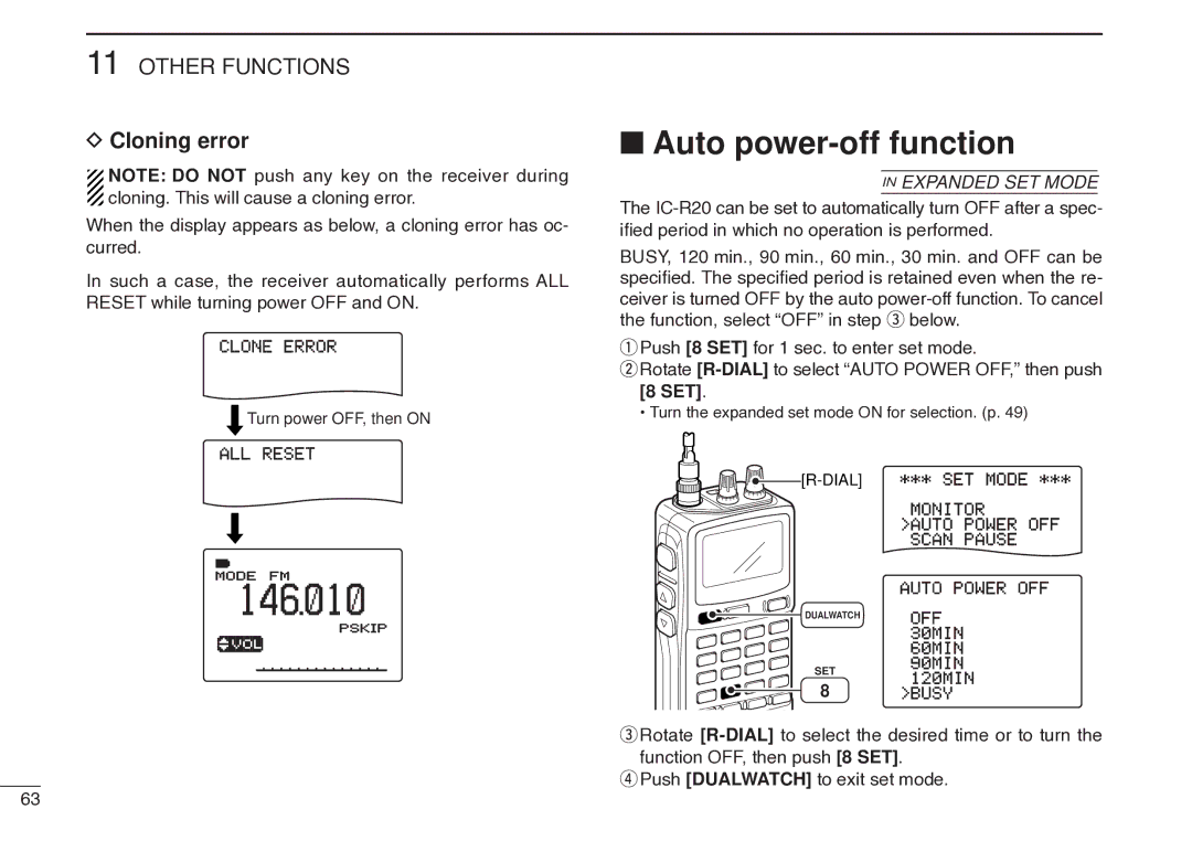 Icom IC-R20 instruction manual Auto power-off function, Cloning error 