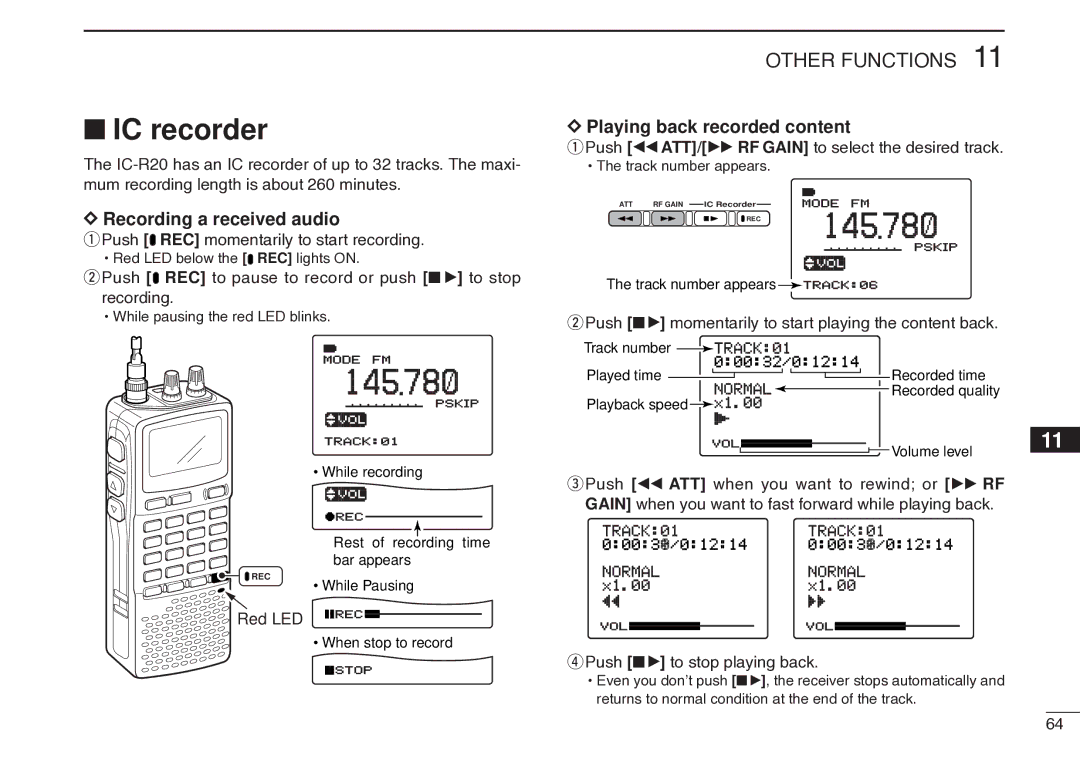 Icom IC-R20 instruction manual IC recorder, Recording a received audio, Playing back recorded content 