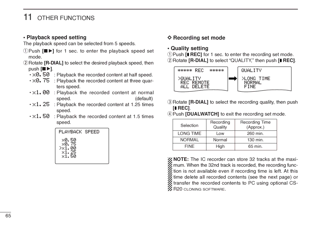 Icom IC-R20 instruction manual Playback speed setting, Recording set mode Quality setting 