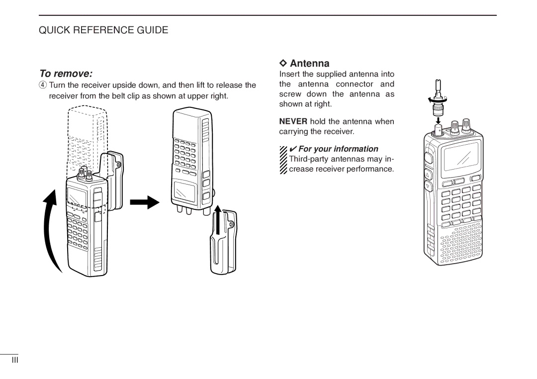 Icom IC-R20 instruction manual Antenna, Third-party antennas may in- crease receiver performance 