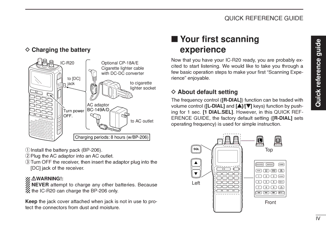 Icom IC-R20 instruction manual Your ﬁrst scanning, Experience, Charging the battery, About default setting 