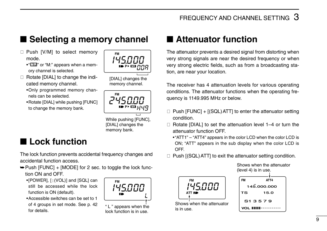 Icom IC-R3 instruction manual Selecting a memory channel, Attenuator function, Lock function, Tion on and OFF 