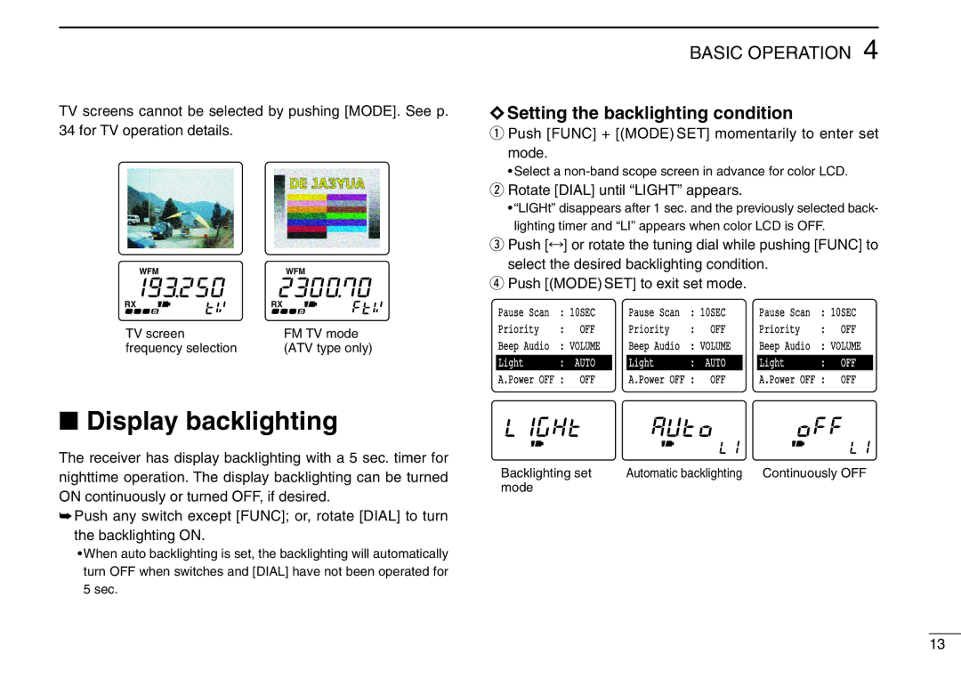 Icom IC-R3 Display backlighting, Setting the backlighting condition, Push Func + Mode SET momentarily to enter set mode 