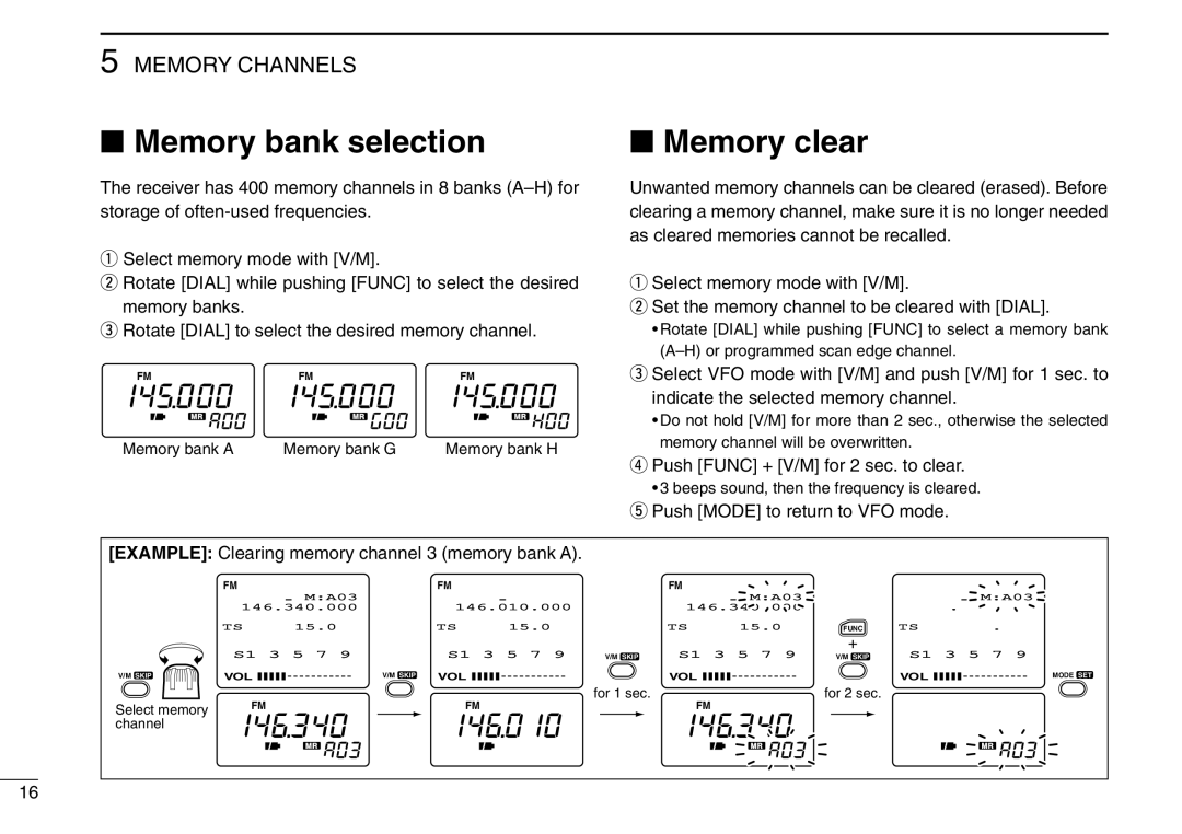 Icom IC-R3 instruction manual Memory bank selection Memory clear, Push Func + V/M for 2 sec. to clear 